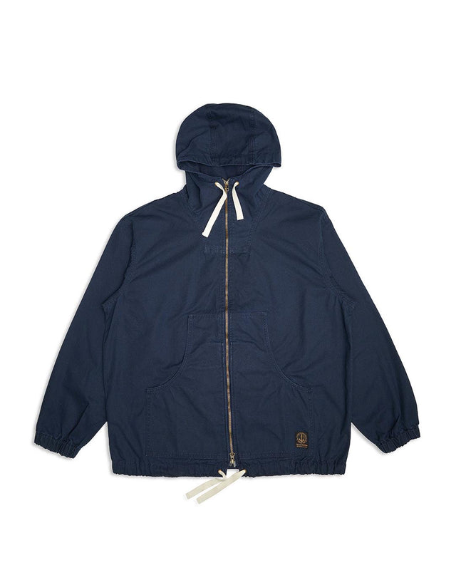 navy relaxed fit parka with elasticated cuffs and adjustable drawstring hem, large front pockets, two way zip opening, wind and rain resistant in a 100% cotton canvas fabrication with dry wax finish