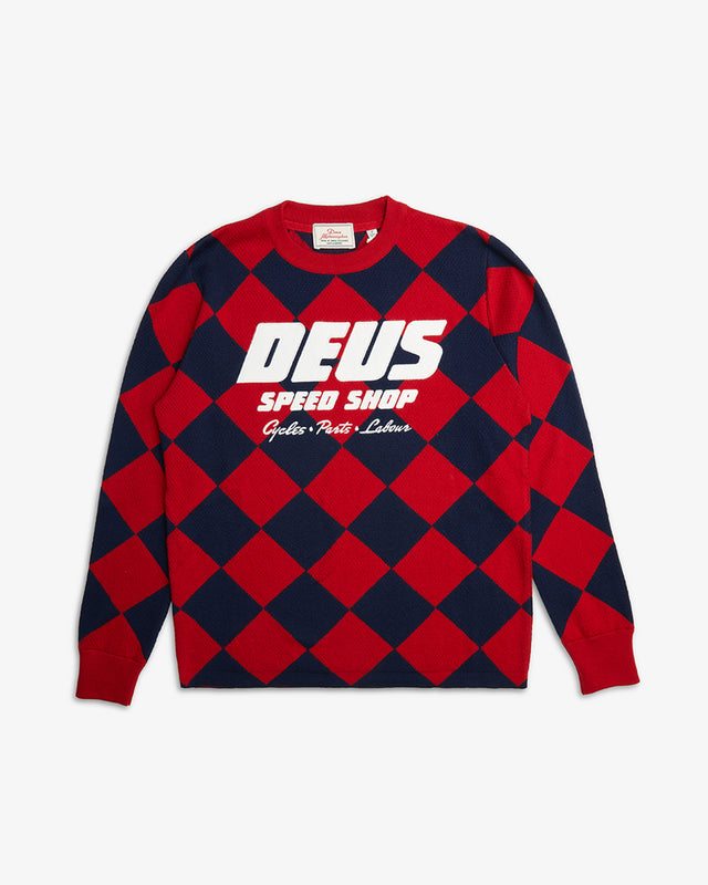 red regular fit true knit with jacquard check all over design, cotton appliqué front art, 100% cotton sub waffle knit fabrication with a garment wash