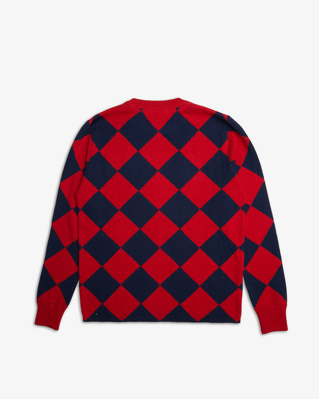 red regular fit true knit with jacquard check all over design, cotton appliqué front art, 100% cotton sub waffle knit fabrication with a garment wash